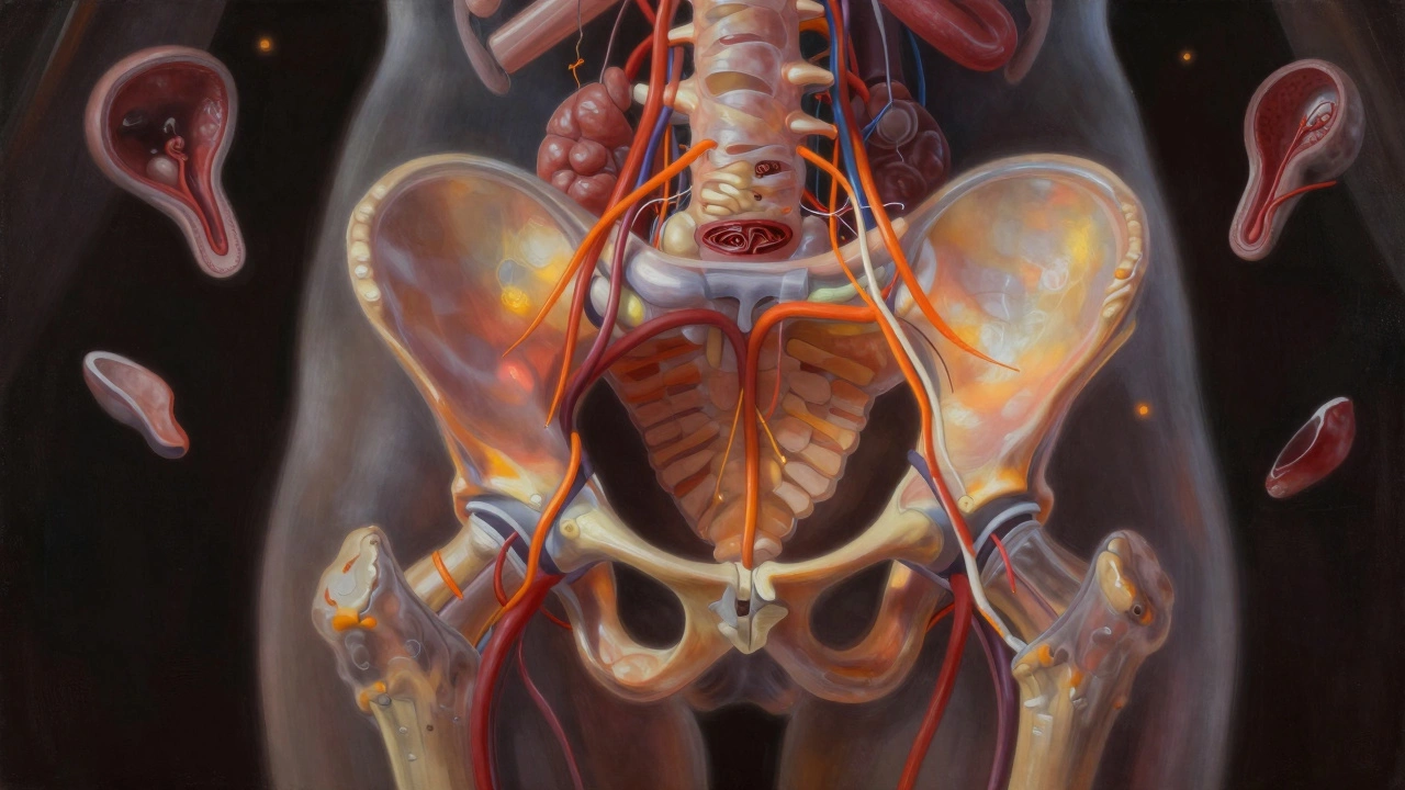 An anatomical representation of the pelvis with glowing nerves and ligaments, symbolizing internal healing after hysterectomy.