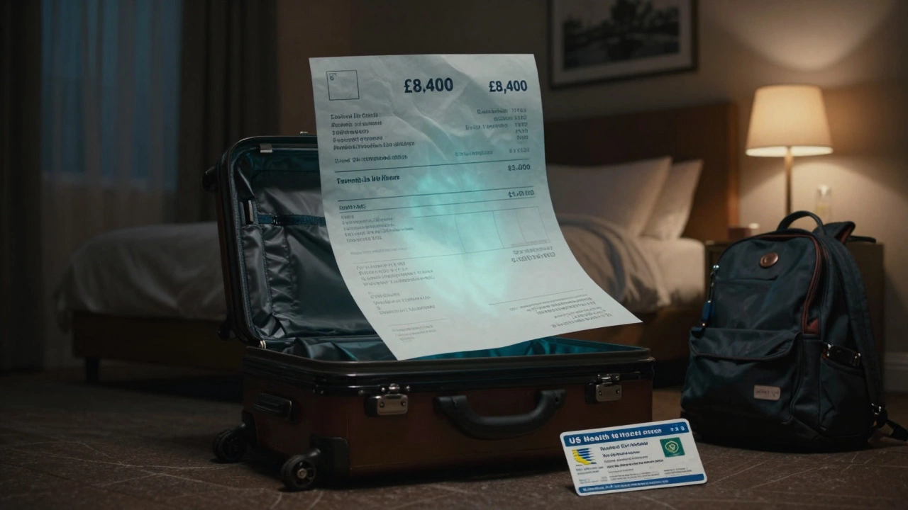 An oversized medical bill glowing in a hotel room beside a packed suitcase