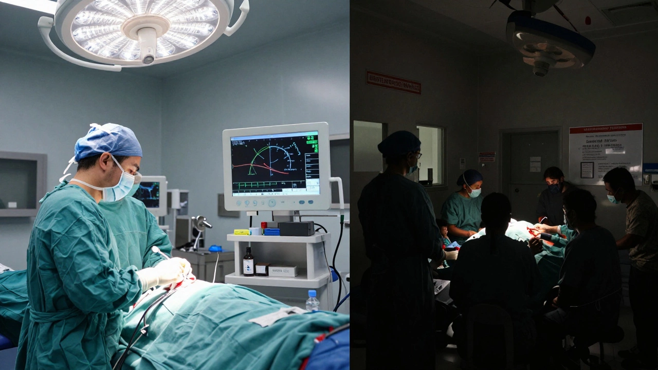 Contrasting surgical environments: a sterile, accredited German operating room versus an unregulated clinic with poor safety standards.