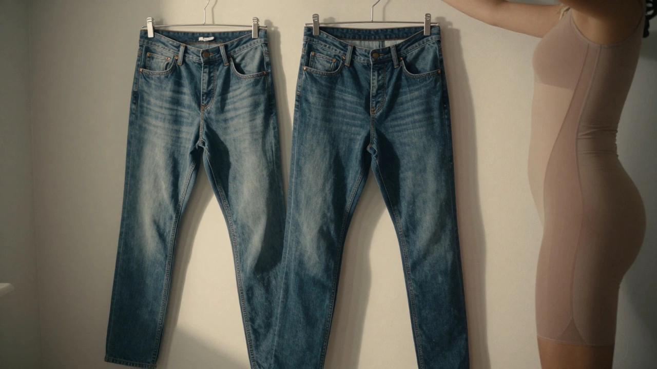 Loose jeans hanging beside tighter ones, symbolizing waist reduction after Lipo 360.