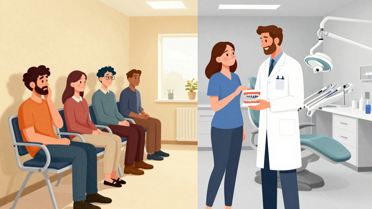 Split scene showing a UK dental waiting room versus a welcoming Polish dental clinic where a British couple is greeted by an English-speaking dentist.