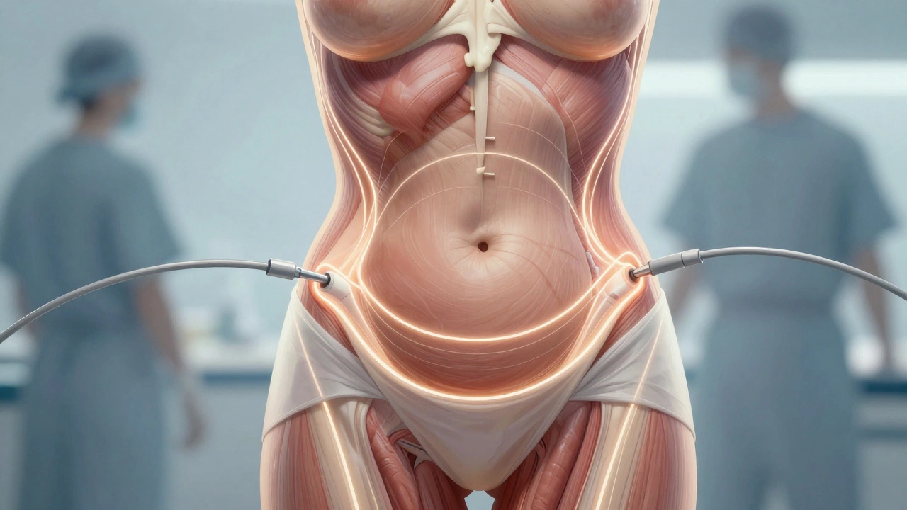 Surgeon performing Lipo 360 with cannulas contouring fat from abdomen, flanks, and back.