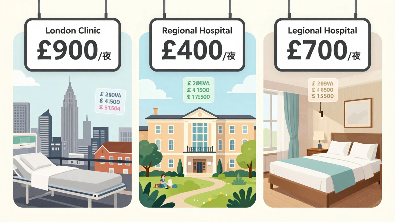 Three private hospital settings side by side showing different room prices in London, Manchester, and the Cotswolds.