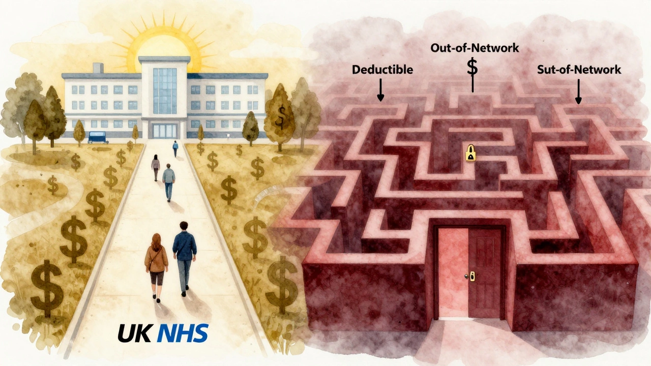 Two paths to healthcare: one simple and open, the other a confusing maze of costs and barriers.
