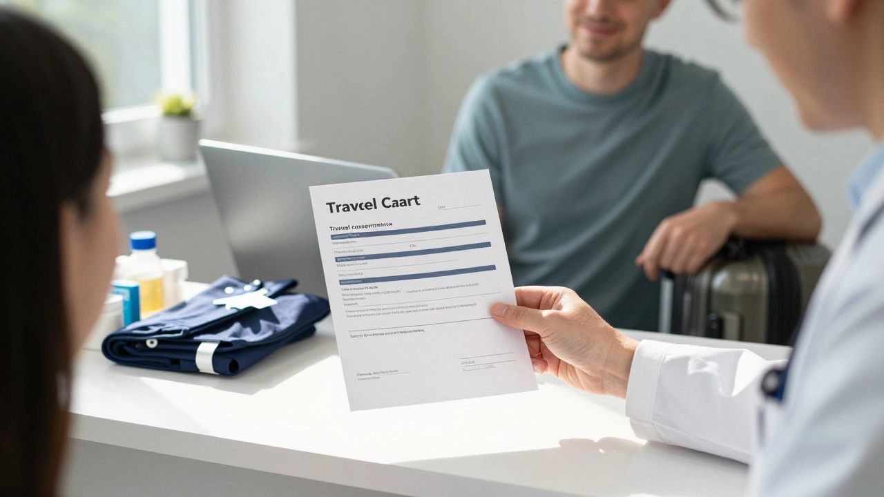 A doctor hands a patient a travel clearance letter at a UK clinic, with compression garments visible on the counter.