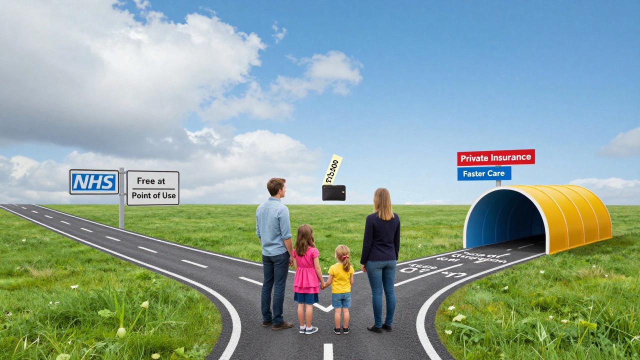 A family at a crossroads between public NHS healthcare and private insurance options.