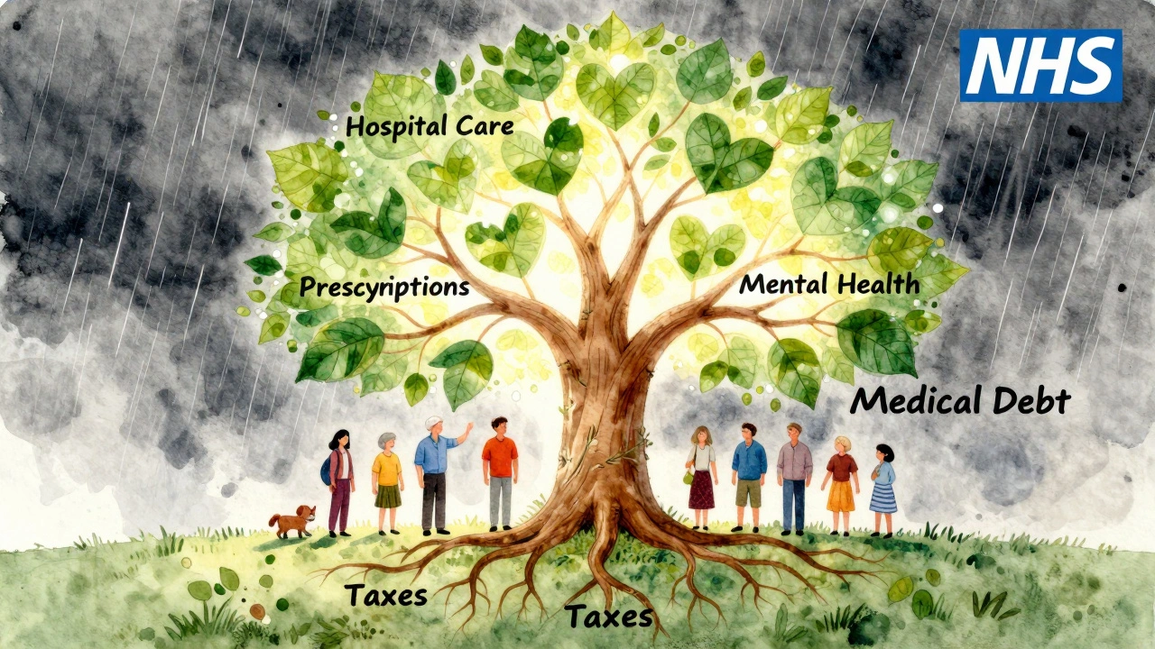 A glowing tree with roots labeled 'Taxes' shelters people from medical debt, symbolizing NHS care.