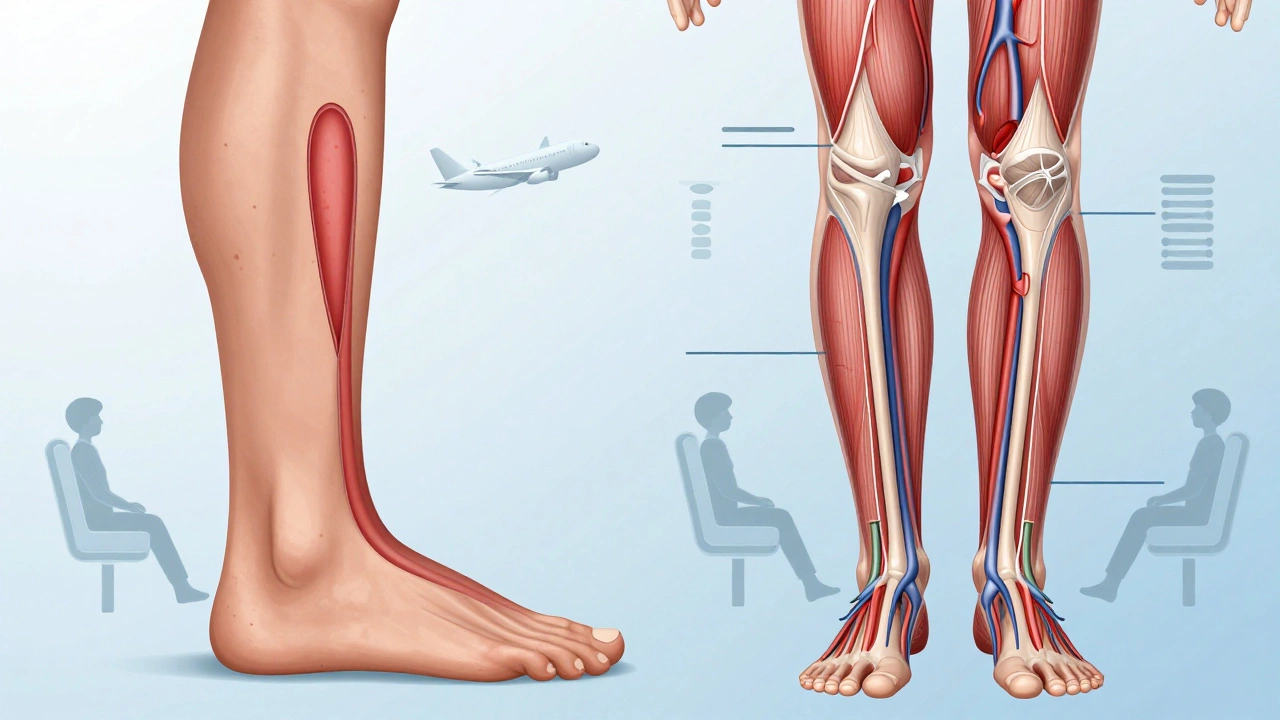 A medical illustration comparing a leg with blood clot formation to a healthy leg, surrounded by flight-related symbols.