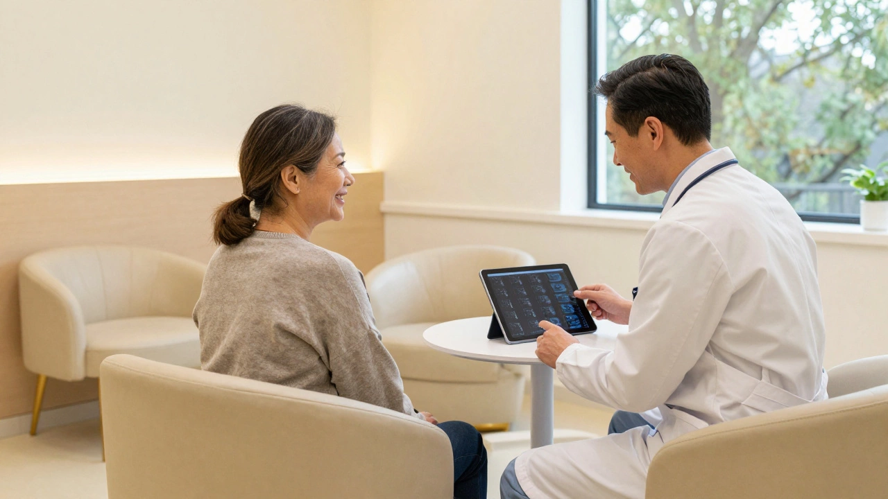A patient in a private clinic reviewing scans with a specialist in a calm, luxurious setting.