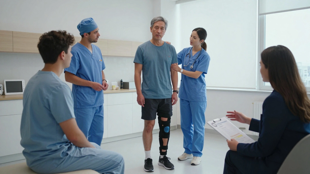 A private clinic consultation showing spinal fusion, knee rehab, and payment planning in one calm, well-lit room.