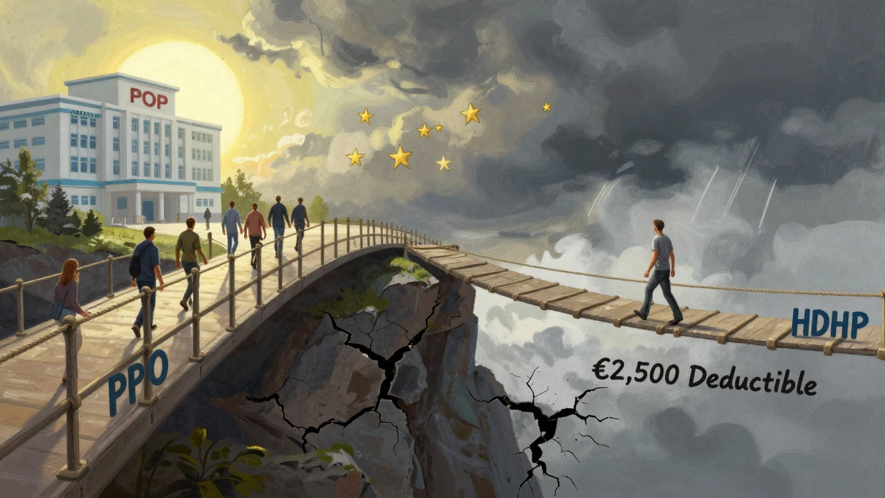 A symbolic scale showing the safety of a PPO plan versus the risk of a high-deductible plan.