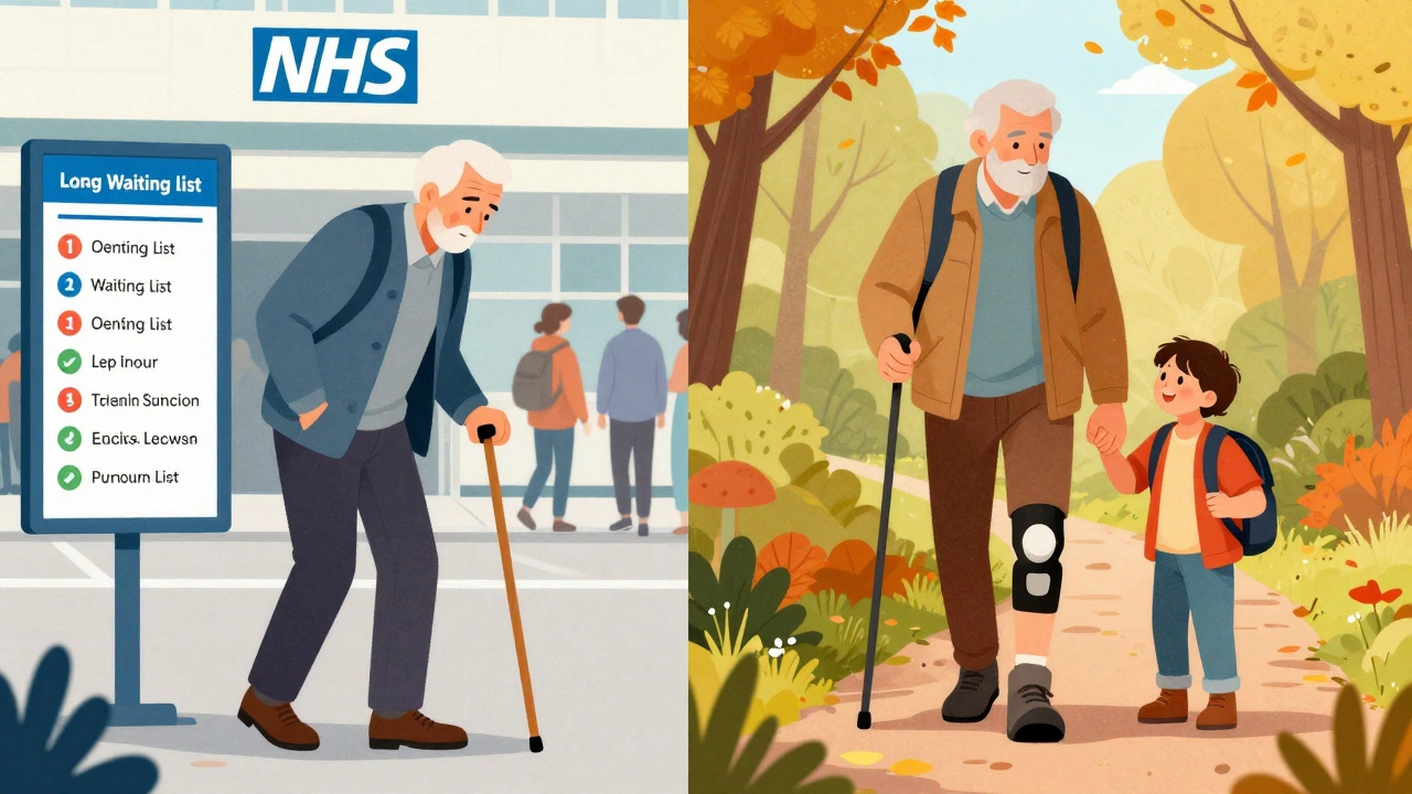 Contrast between a man limping at a crowded hospital and same man hiking happily with his grandchild after surgery.