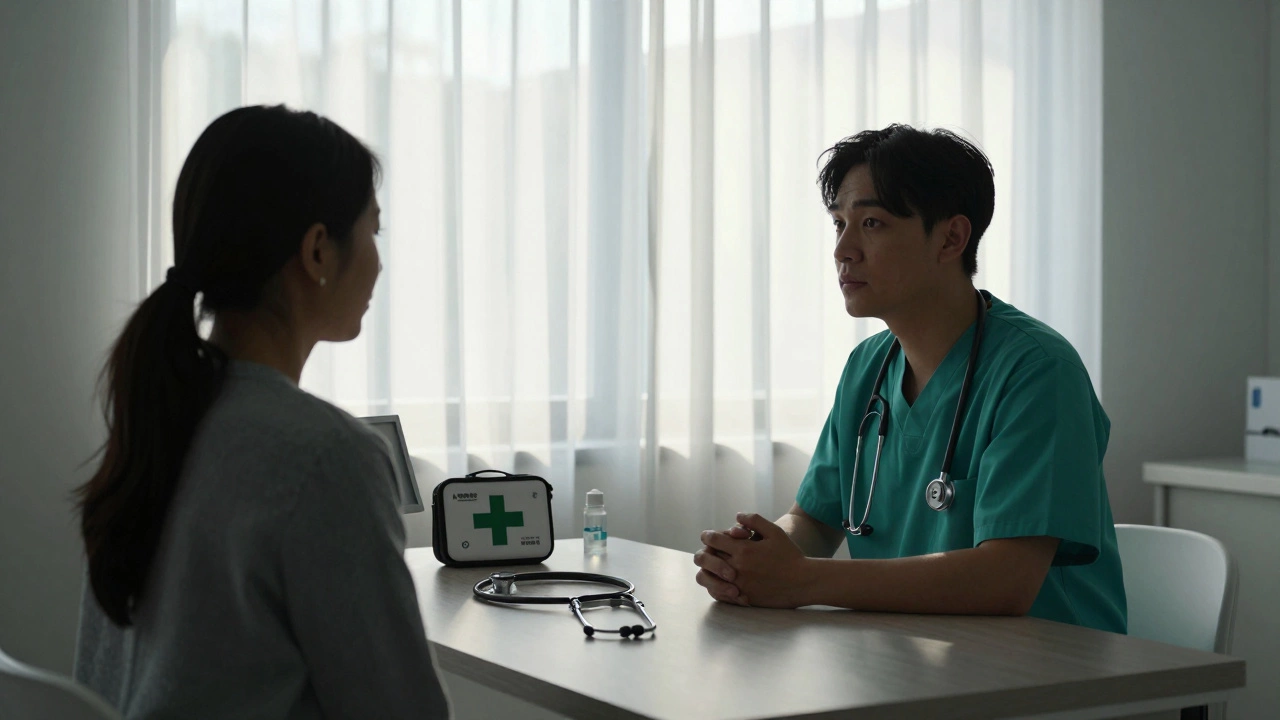 Doctor consulting with patient in a warmly lit medical office setting.