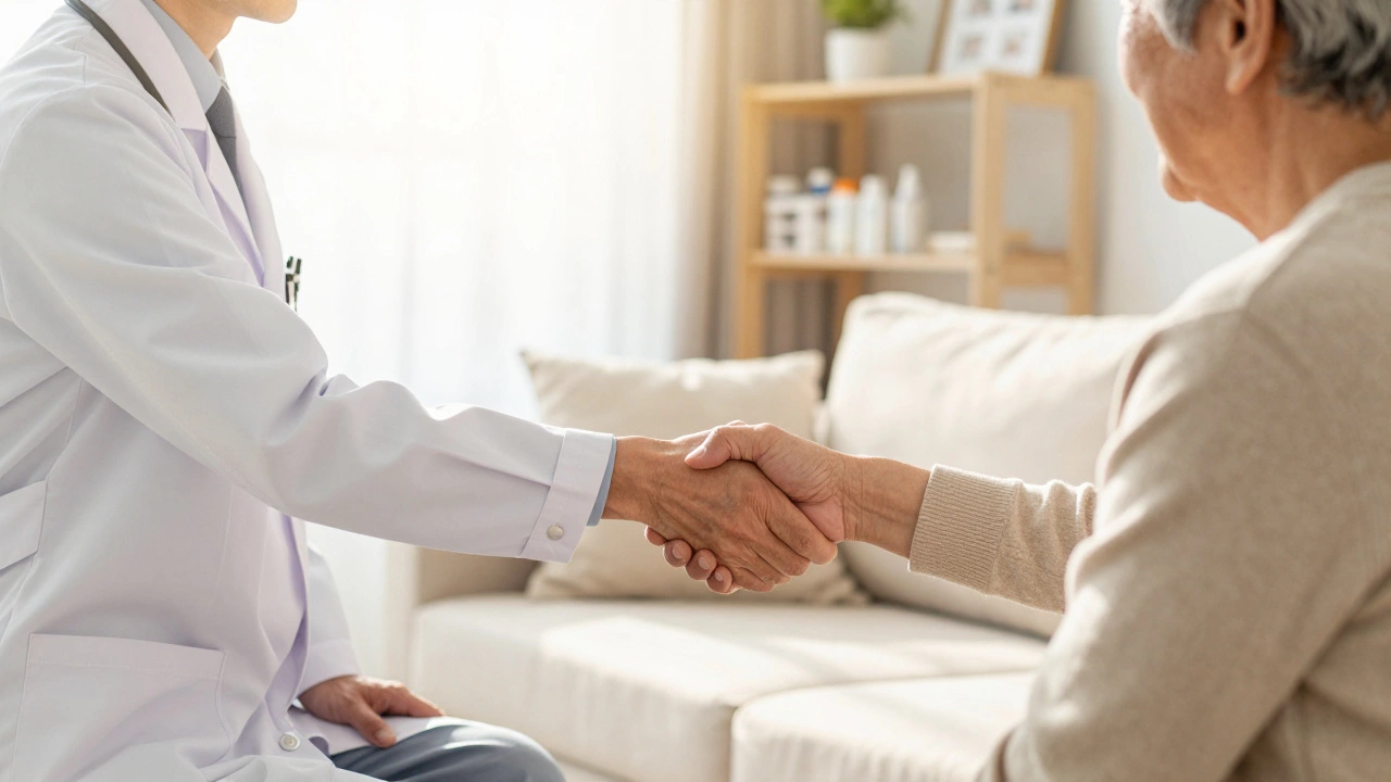 Doctor shaking hands with patient in warm office