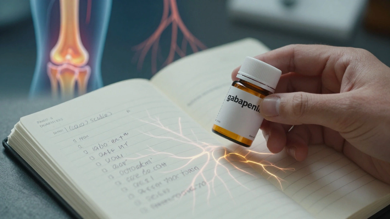 Hand holding gabapentin bottle beside a pain diary, with subtle neural pathway visuals beneath the notebook.