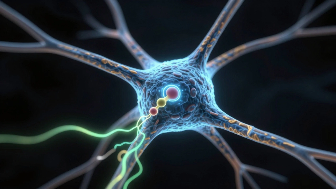 Microscopic view of neural pathways glowing where receptors activate.