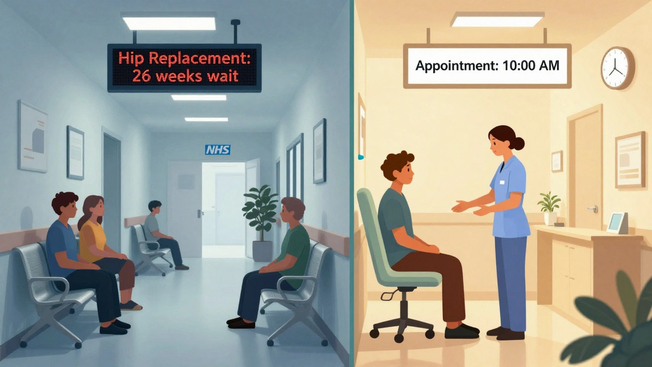 Parallel hospital corridors showing long NHS wait times versus quick private appointments.