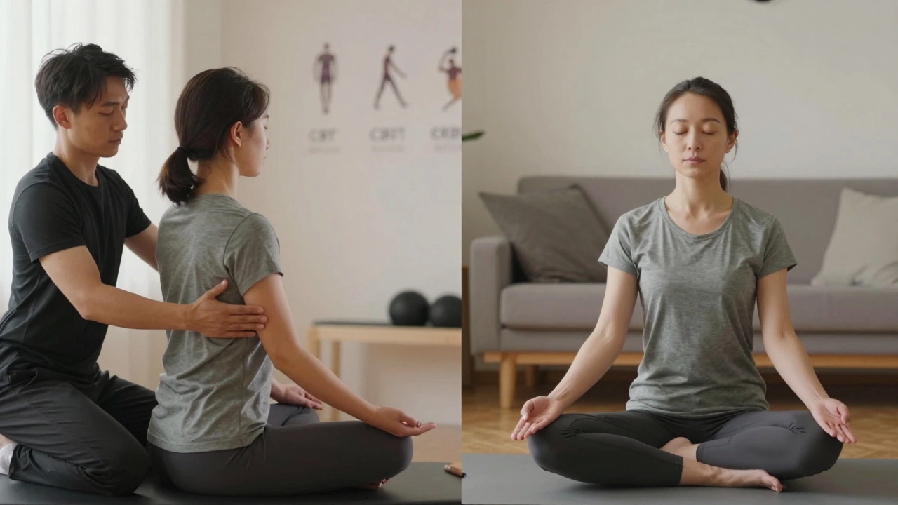 Person doing physiotherapy exercises while practicing mindfulness at home, both promoting pain management.