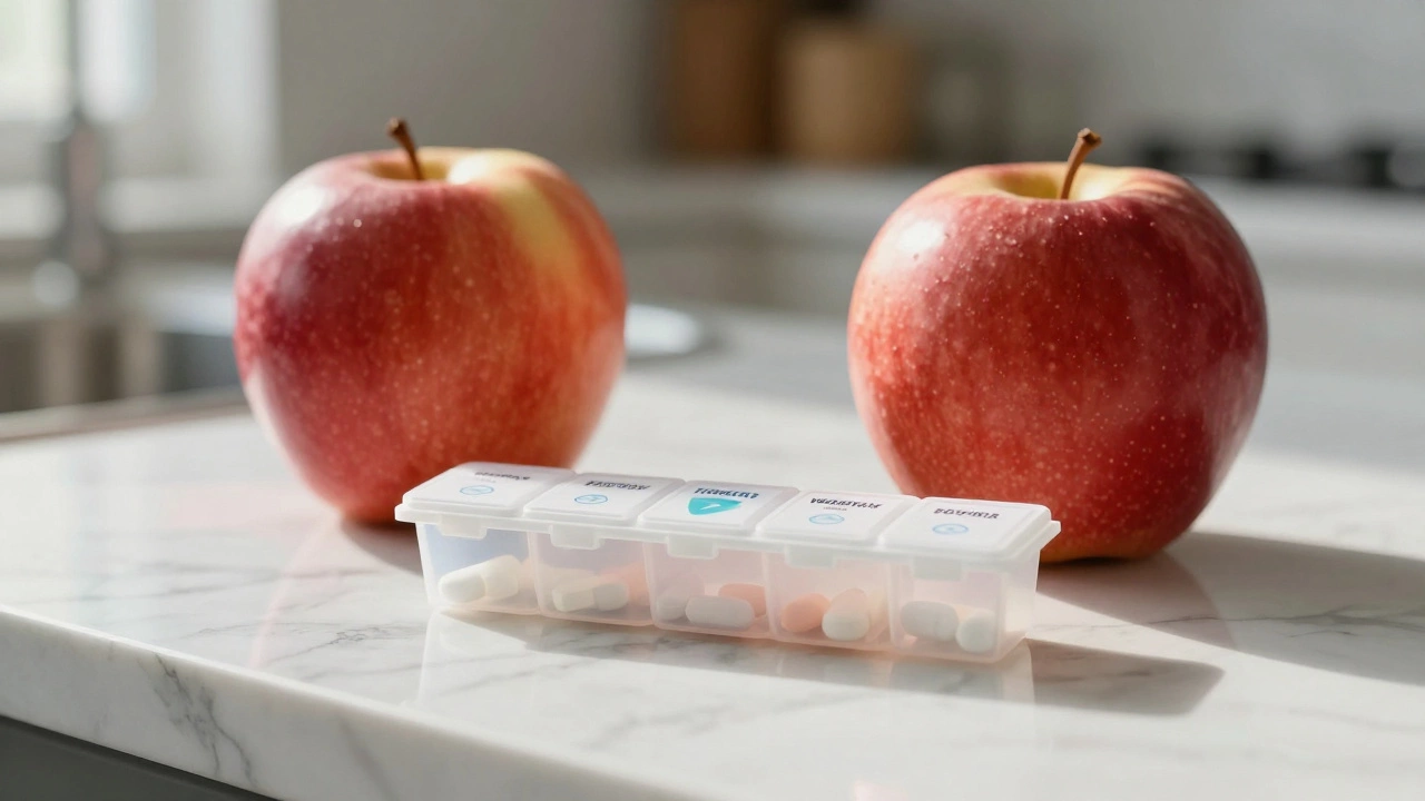 Pill organizer and apple on counter representing health habits.