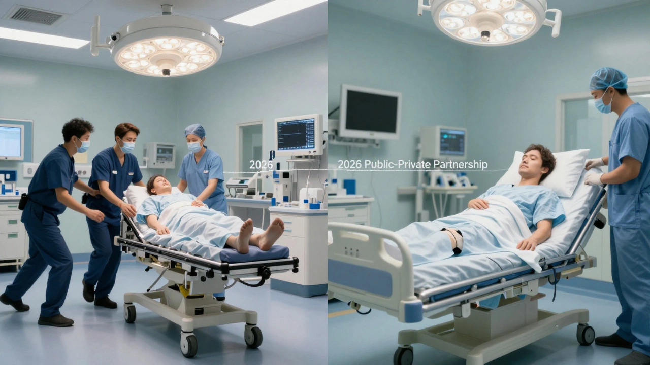 Split image: emergency public hospital care on one side, private surgery on the other, connected by a hybrid system label.