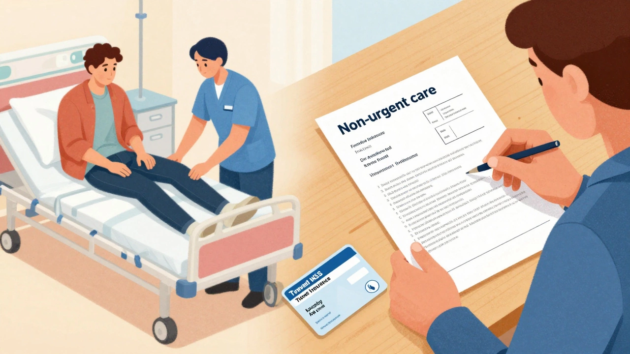 Tourist receiving emergency care on one side, and the same person receiving a medical bill on the other.