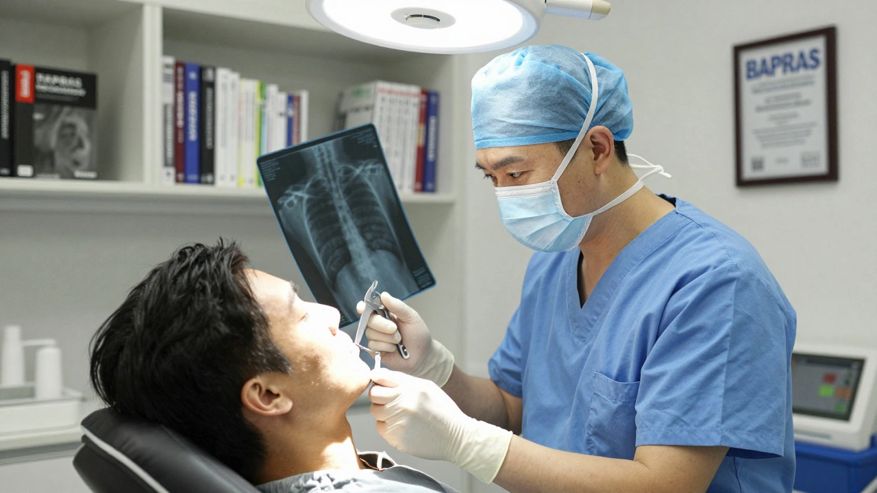 UK plastic surgeon reviewing X-rays during a revision consultation in a private clinic.