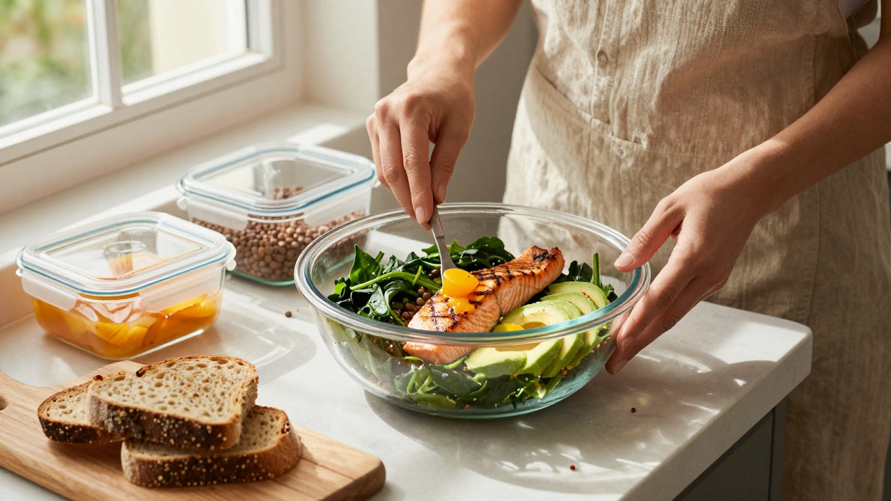 Woman preparing a fertility-friendly meal with salmon, spinach, lentils, and whole grain bread.