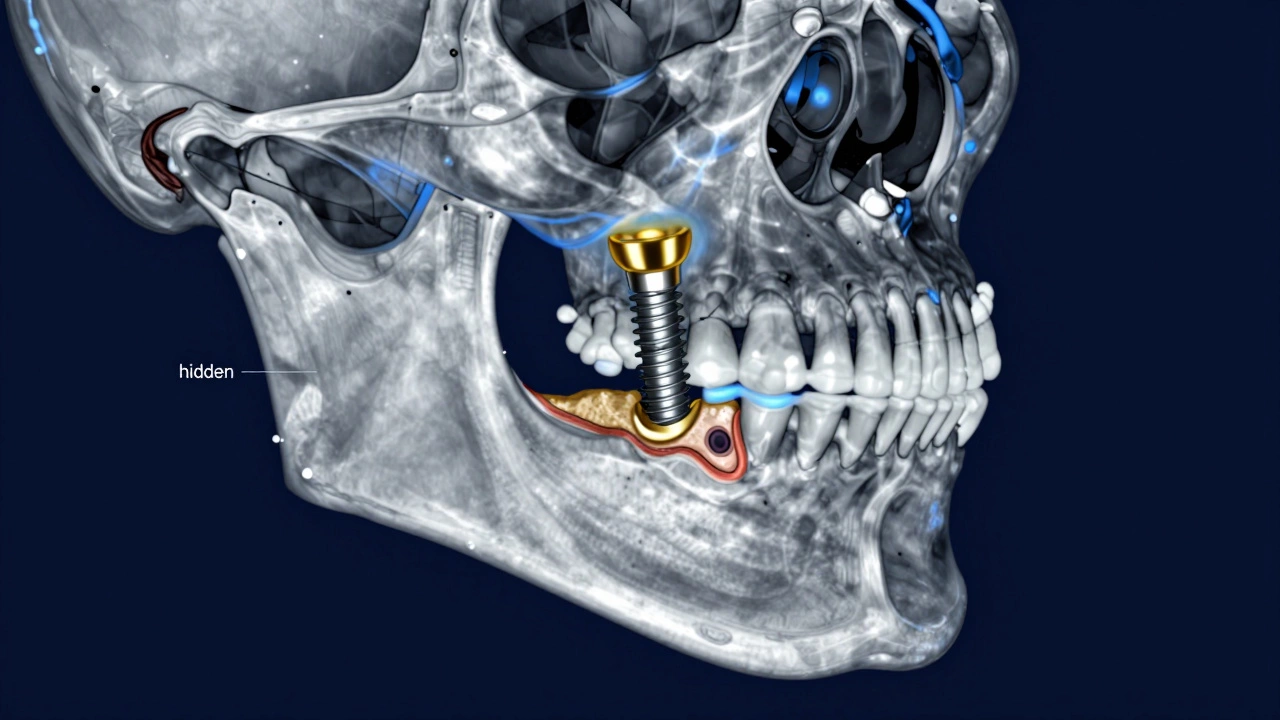 3D medical visualization of a titanium dental implant integrated into a jawbone with a bone graft