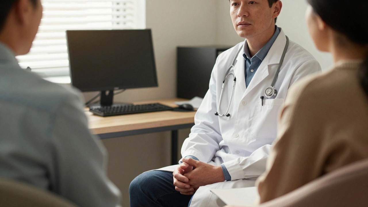 A doctor and patient having a relaxed, personal conversation in a comfortable office.