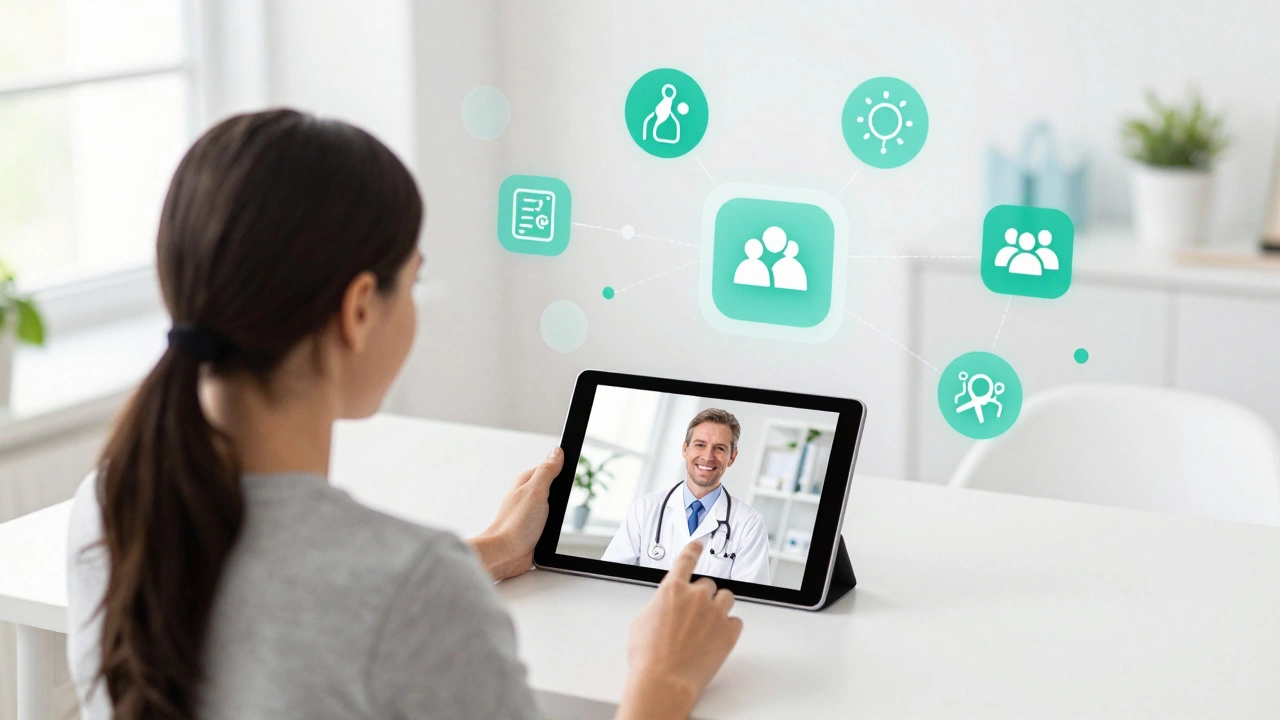 A person having a telehealth medical consultation via a tablet in a bright home setting.