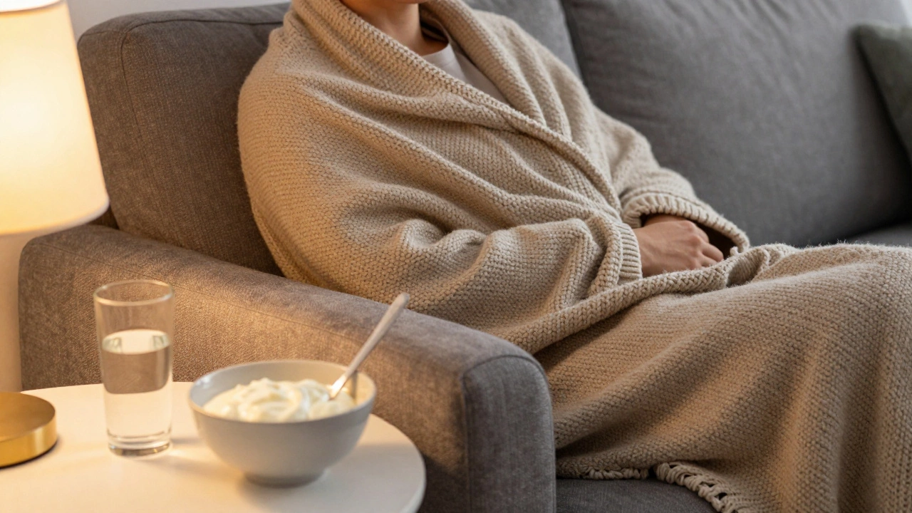 A person resting on a sofa with a bowl of yogurt during post-sedation recovery