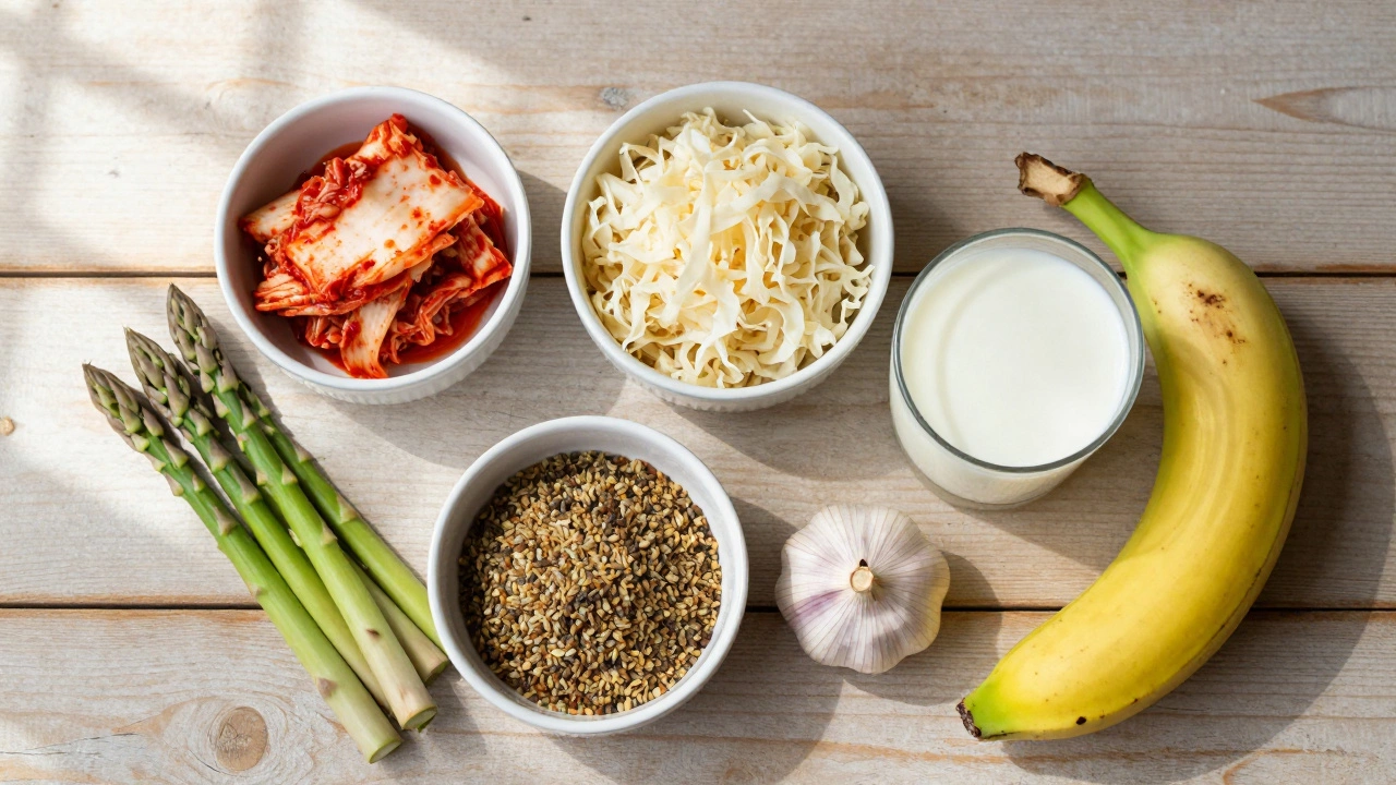 A table with fermented foods and prebiotic vegetables for gut health recovery.