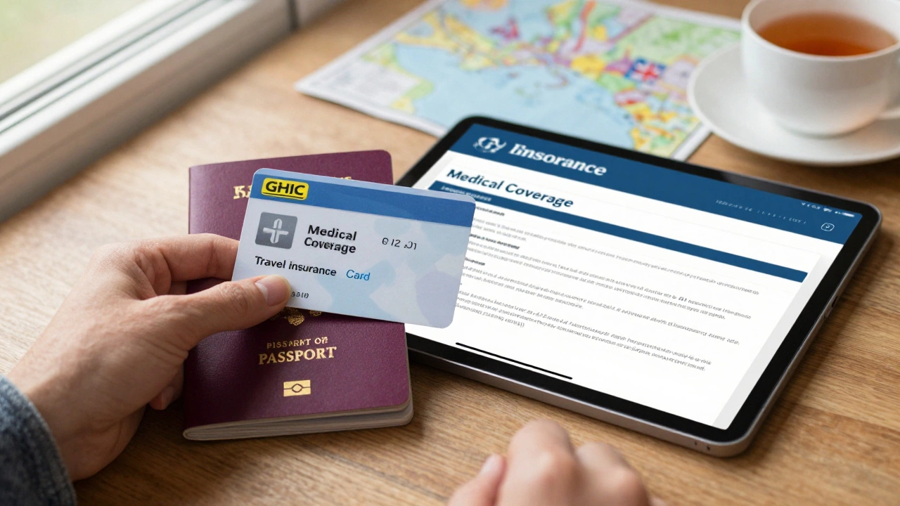 Close-up of a GHIC card, passport, and travel insurance policy on a table