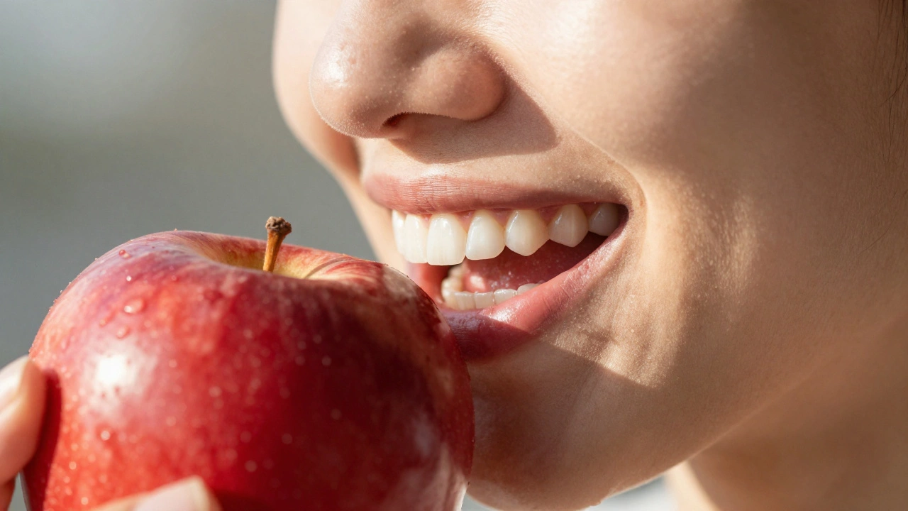 Close-up of a person with a perfect smile confidently biting into a fresh red apple