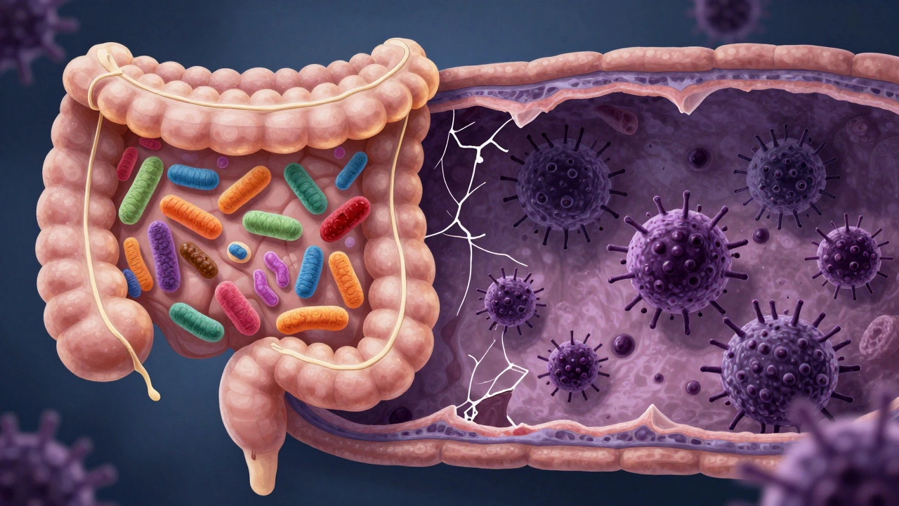 Comparison of a healthy intestinal lining versus one damaged by antibiotic dysbiosis.