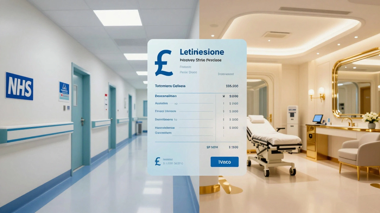 Conceptual split image of a public NHS hospital and a luxury private clinic