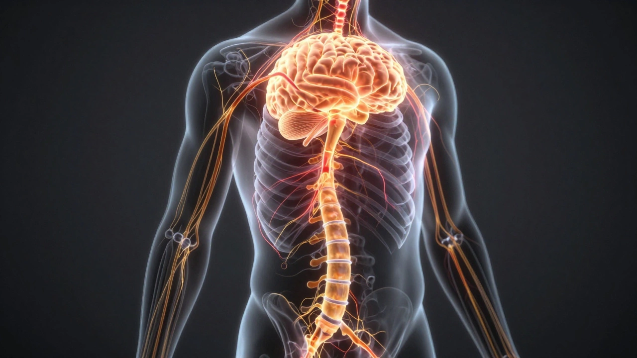 Conceptual visualization of a human nervous system glowing with pain signals.