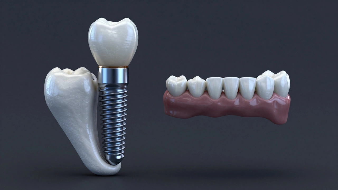 Medical illustration comparing a dental implant in the jawbone with a dental bridge.