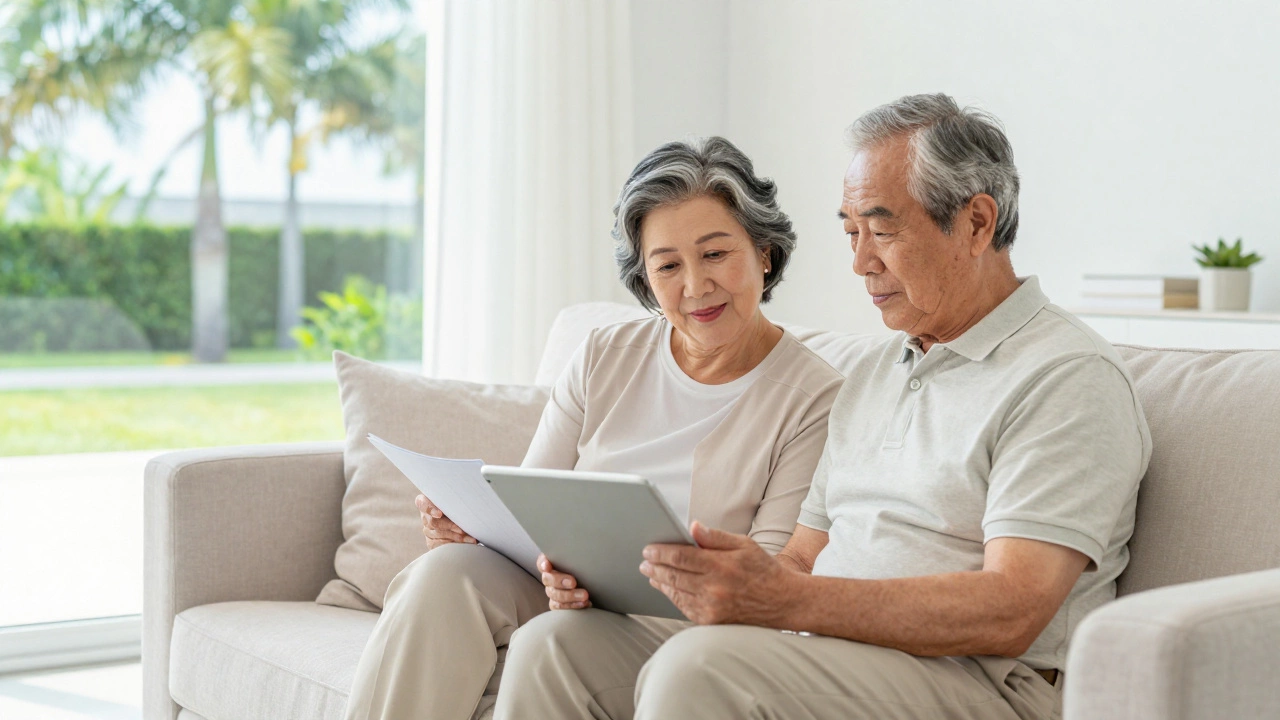 Senior couple reviewing financial plans in a bright, sunny living room