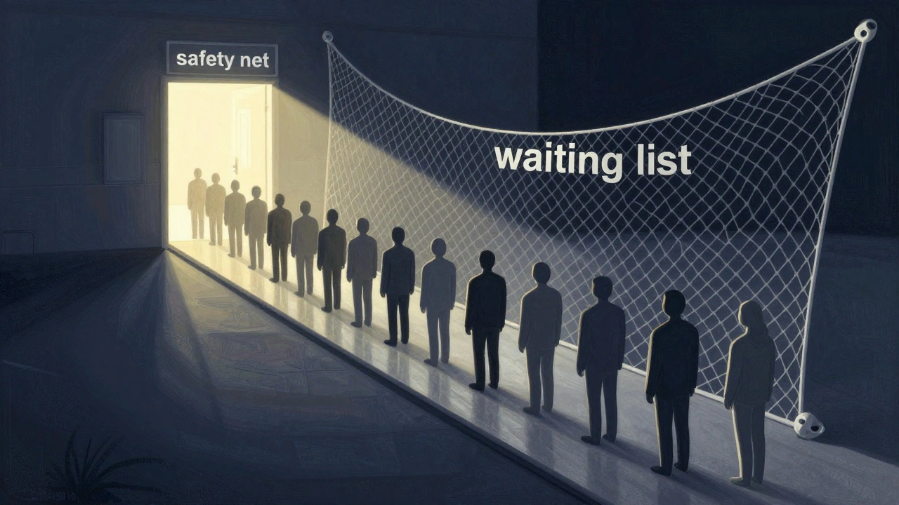 Silhouettes in a queue moving toward a glowing medical doorway with a safety net