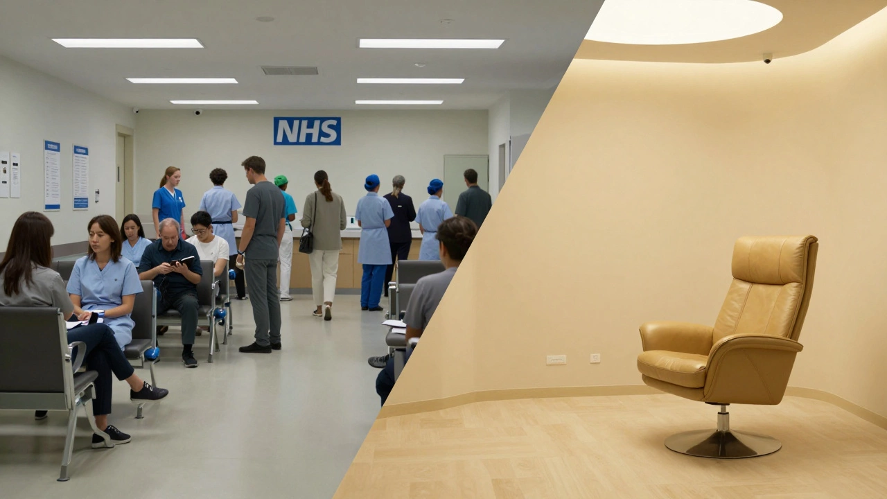 Split screen comparing a busy public hospital waiting area with a luxurious private medical room.