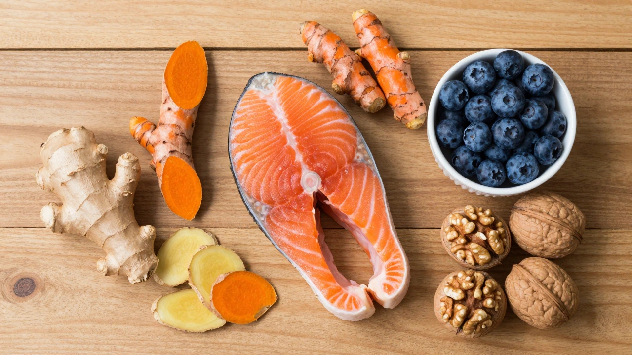 Top-down view of anti-inflammatory foods including salmon, turmeric, and berries.