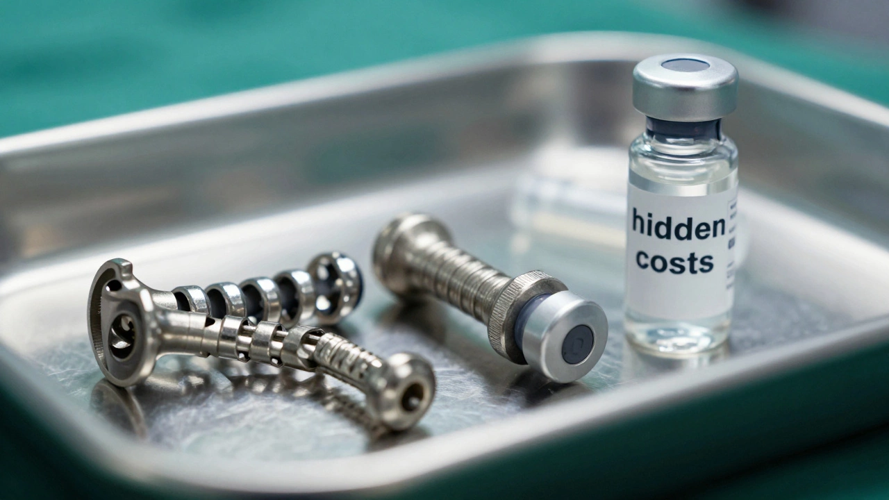 A detailed close-up of expensive medical implants and rare pharmaceuticals on a sterile tray, representing the direct pass-through costs for devices and drugs in private healthcare.