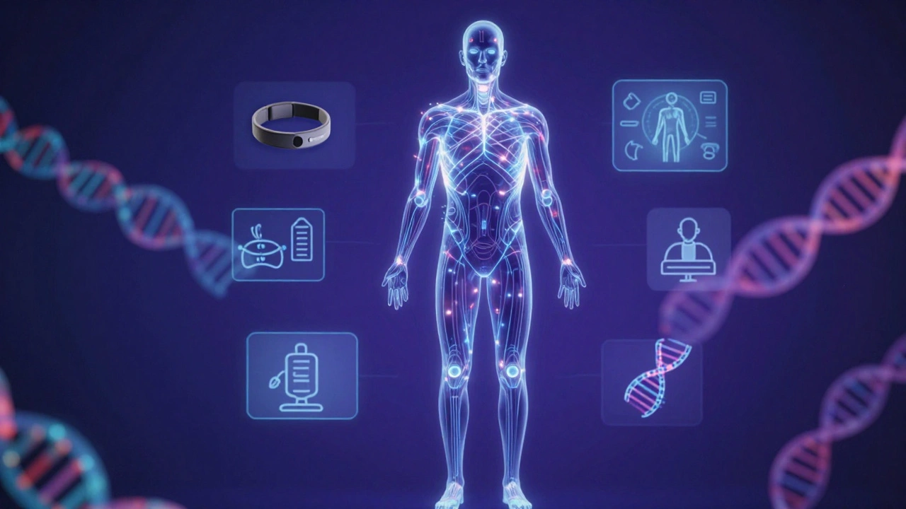 Abstract human figure made of light and tech symbols representing modern rehab