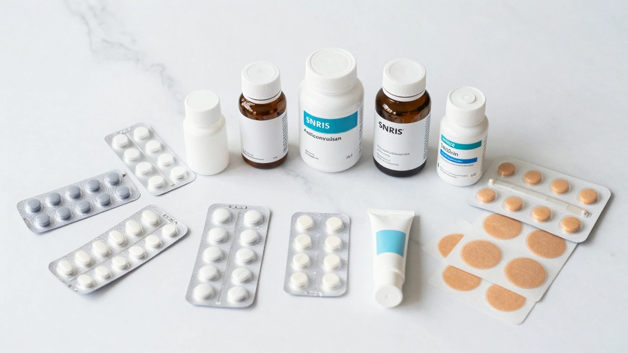 Assorted pain relief medications including pills and topical patches