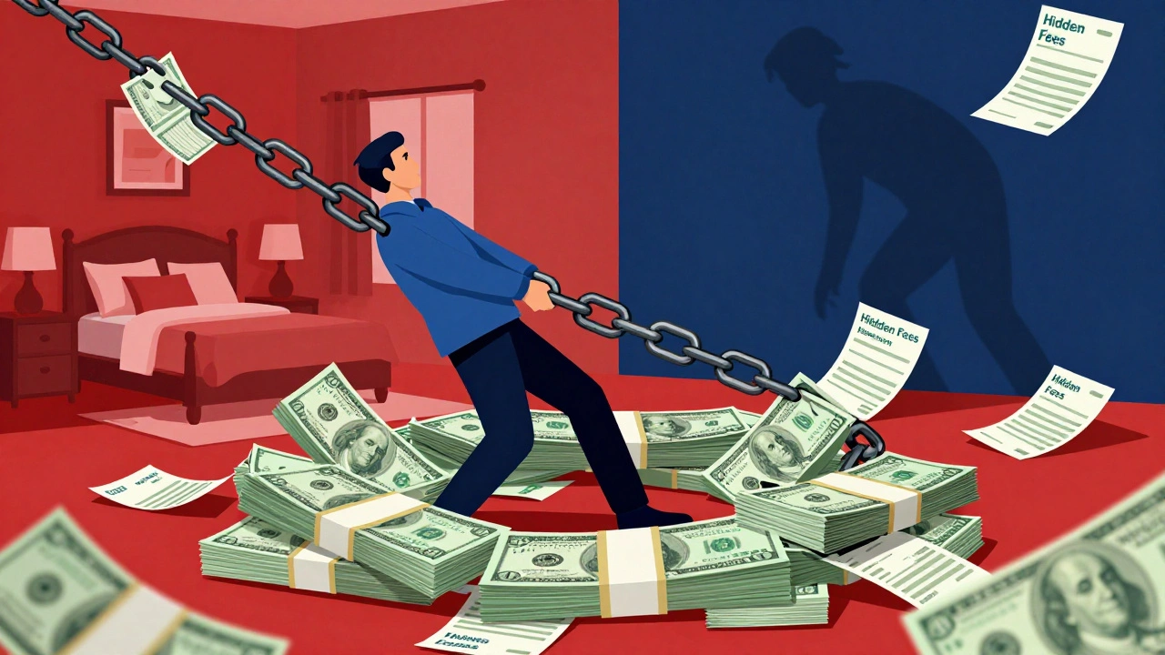 Illustration of a person weighed down by chains of medical bills and hidden fees.