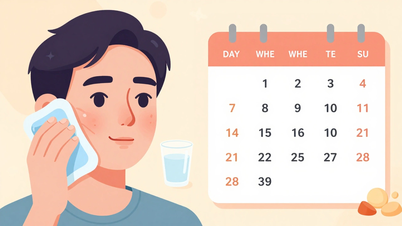 Illustration of mild facial swelling and ice pack during dental implant recovery