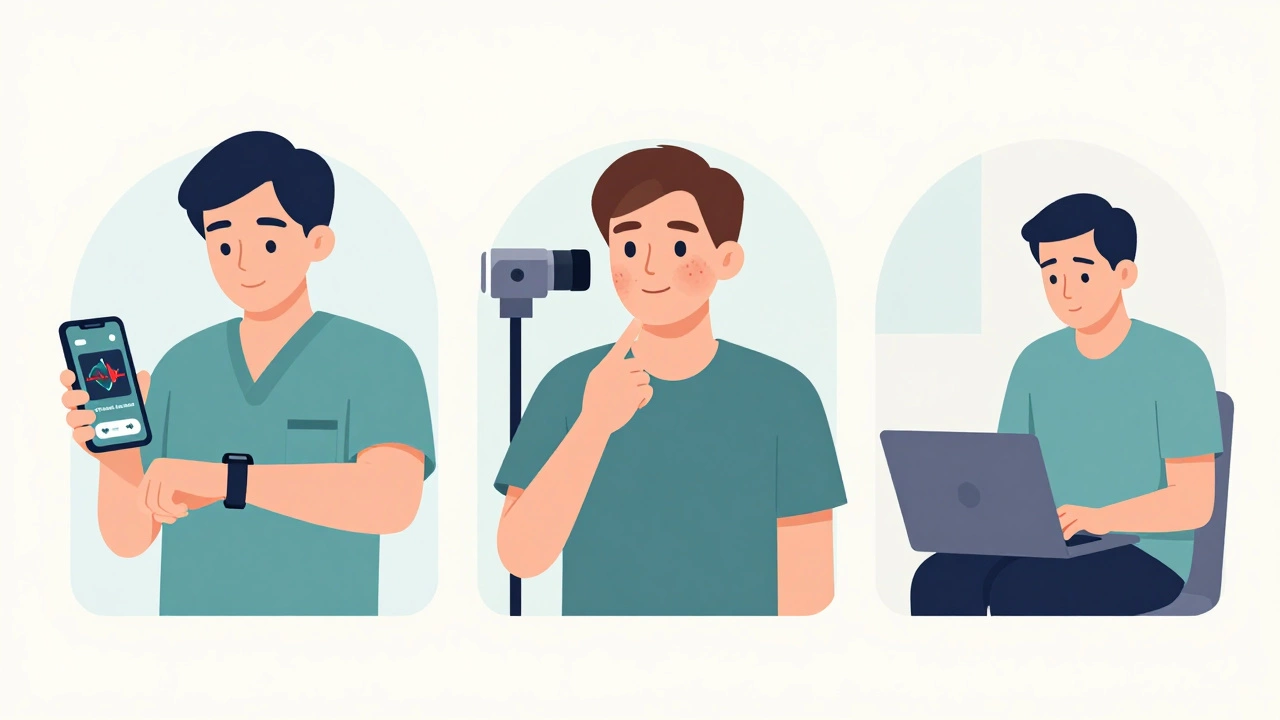 Illustration of three telehealth use cases: chronic care, skin check, therapy