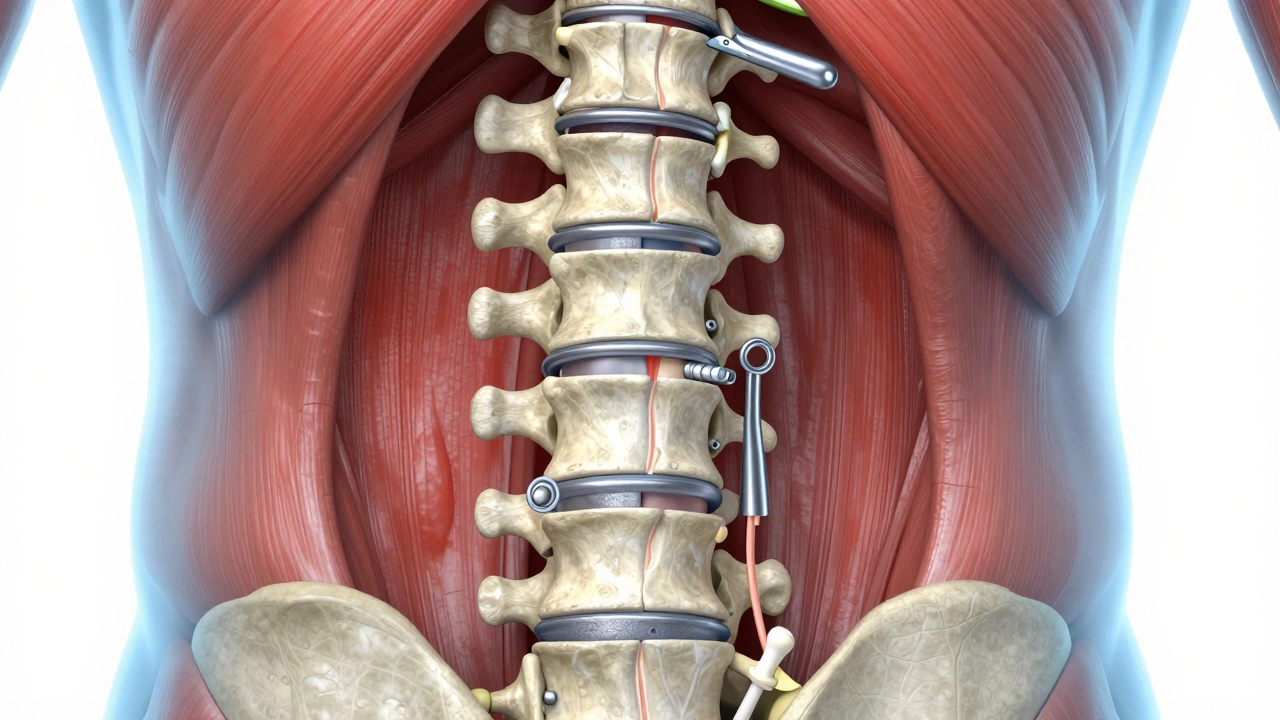 Medical illustration showing spinal fusion hardware and inflamed muscle tissue