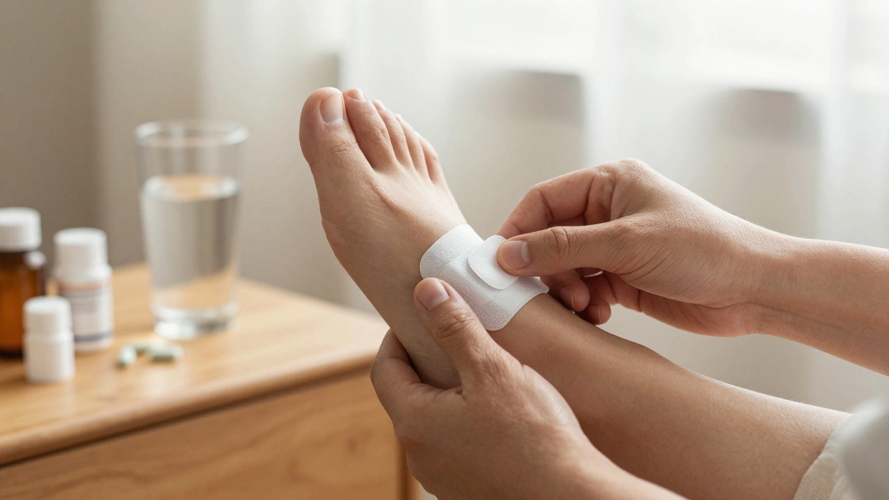 Patient applying a topical pain patch to their foot at home